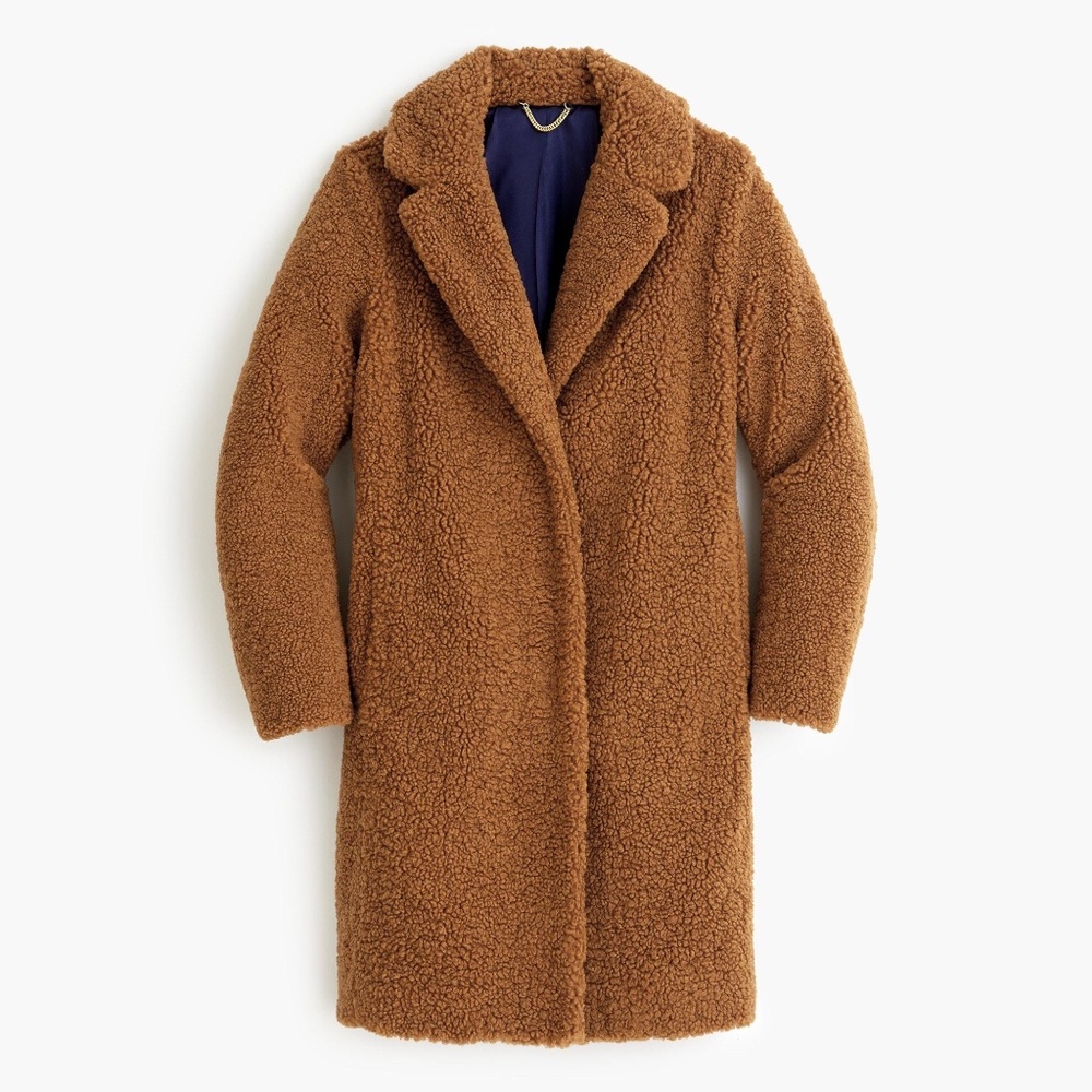 HOLDING FOR ALICIAZHAO - J Crew teddy sherpa top coat in warm brandy tan/cognac